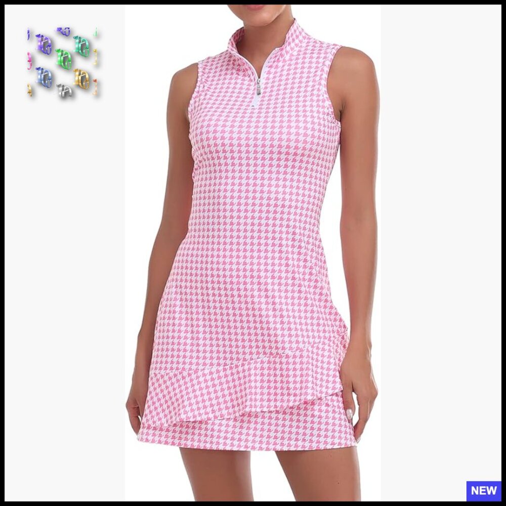 Sleeveless Tennis Dress With Shorts Pockets Ruffle Zip Collar Activewear
